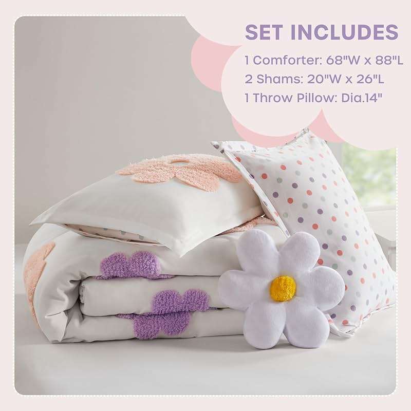 Intelligent Design Kids Full Comforter Set for Girls, Tufted Chenille Floral Comforter Set Queen, Lightweight Polka Dot Reversible Bed Set, Shams, Pillow, Gracie, Full/Queen White/Purple 4 Piece - Image 6