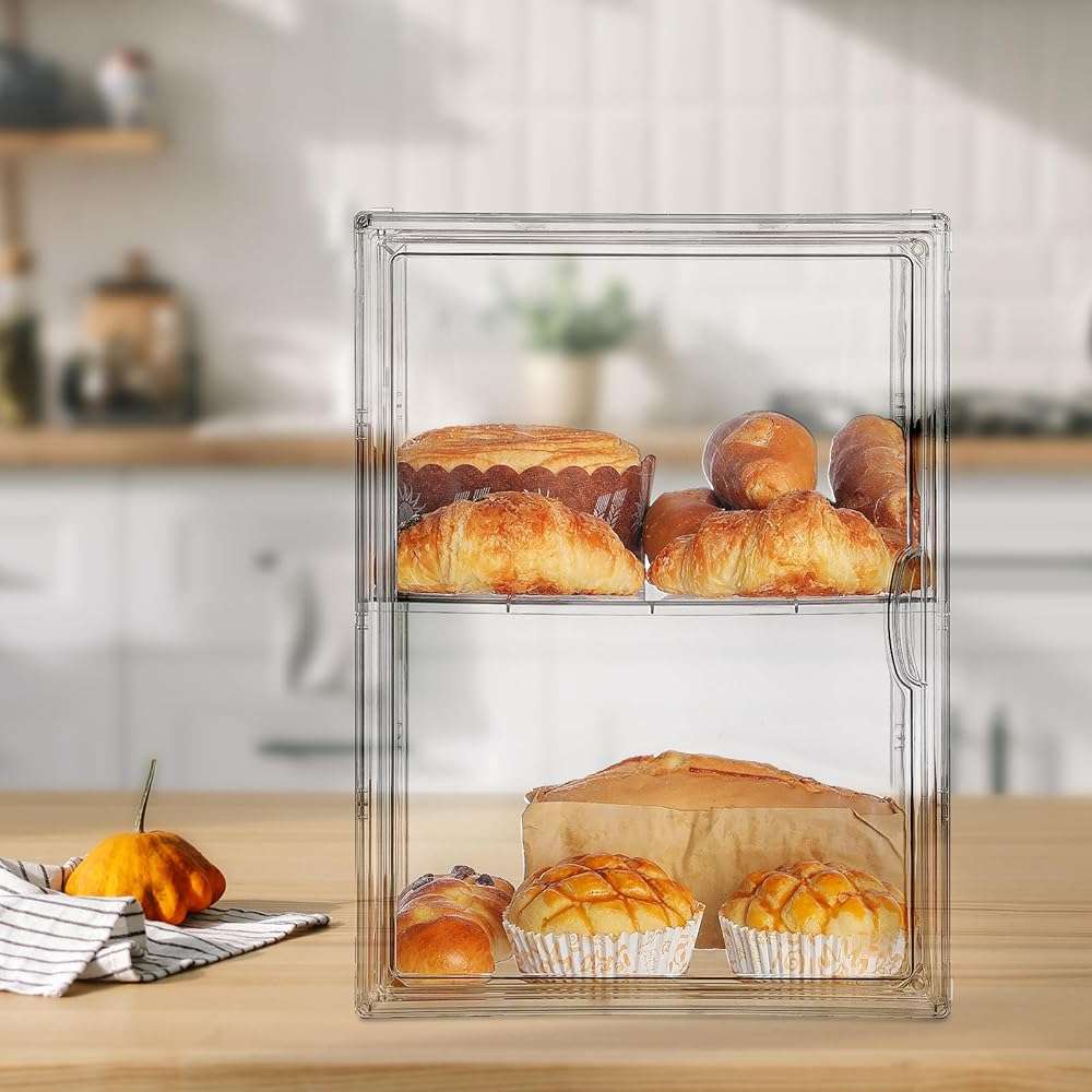 Large Bread Box for Kitchen Countertop, Pantry Organizers and Storage - Clear Loaf Bread Storage Container, Double Layer Bread Boxes for Kitchen Counter, Bread Keeper for Homemade Bread - Image 2