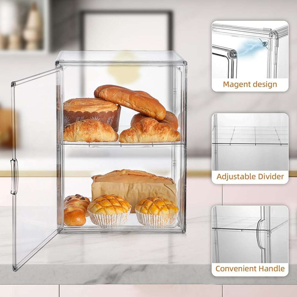 Large Bread Box for Kitchen Countertop, Pantry Organizers and Storage - Clear Loaf Bread Storage Container, Double Layer Bread Boxes for Kitchen Counter, Bread Keeper for Homemade Bread - Image 4