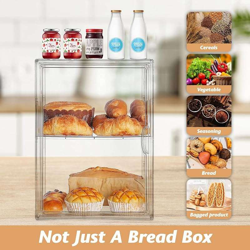 Large Bread Box for Kitchen Countertop, Pantry Organizers and Storage - Clear Loaf Bread Storage Container, Double Layer Bread Boxes for Kitchen Counter, Bread Keeper for Homemade Bread - Image 7