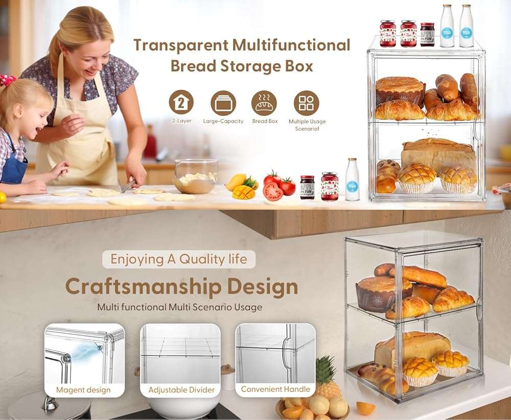 Large Bread Box for Kitchen Countertop, Pantry Organizers and Storage - Clear Loaf Bread Storage Container, Double Layer Bread Boxes for Kitchen Counter, Bread Keeper for Homemade Bread - Image 8