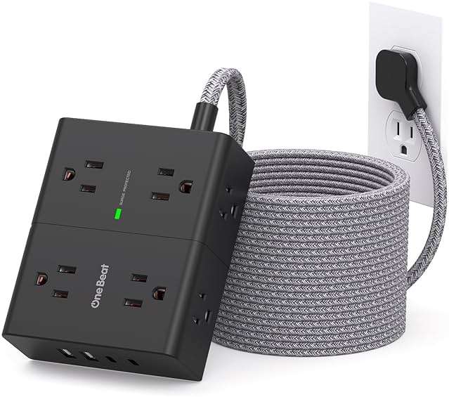 Surge Protector Power Strip 25 Ft Cord, Ultra Thin Flat Extension Cord with 8 Outlets 4 USB Ports(2 USB C), Flat Plug Power Strip, 25 Ft Long Braided Power Cord for College Dorm Room Essentials-BK - Image 1