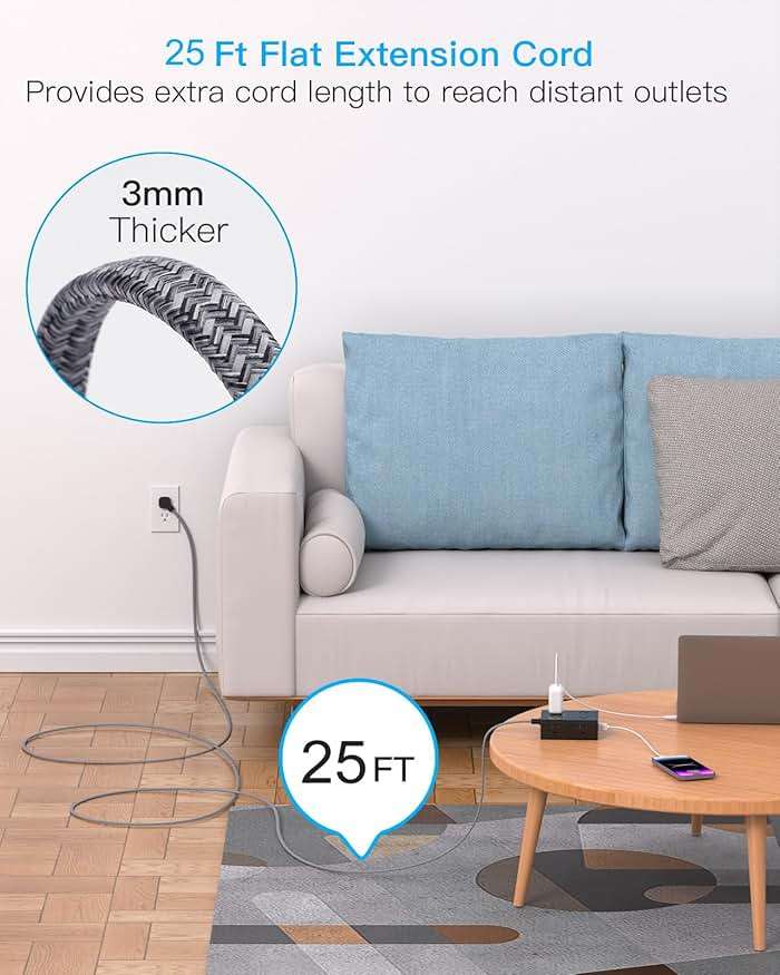 Surge Protector Power Strip 25 Ft Cord, Ultra Thin Flat Extension Cord with 8 Outlets 4 USB Ports(2 USB C), Flat Plug Power Strip, 25 Ft Long Braided Power Cord for College Dorm Room Essentials-BK - Image 2