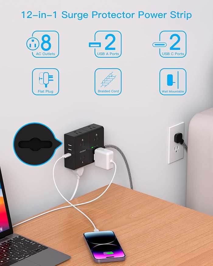 Surge Protector Power Strip 25 Ft Cord, Ultra Thin Flat Extension Cord with 8 Outlets 4 USB Ports(2 USB C), Flat Plug Power Strip, 25 Ft Long Braided Power Cord for College Dorm Room Essentials-BK - Image 3
