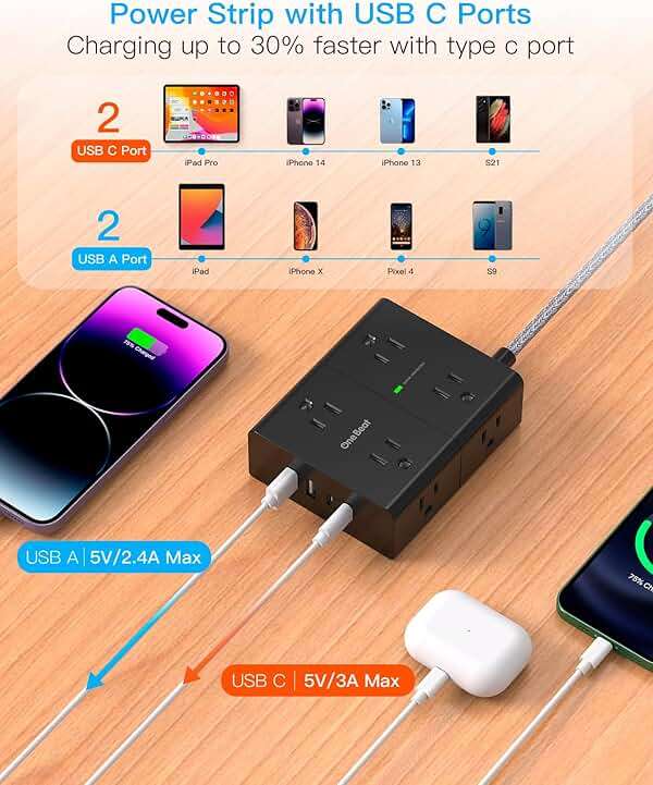 Surge Protector Power Strip 25 Ft Cord, Ultra Thin Flat Extension Cord with 8 Outlets 4 USB Ports(2 USB C), Flat Plug Power Strip, 25 Ft Long Braided Power Cord for College Dorm Room Essentials-BK - Image 4