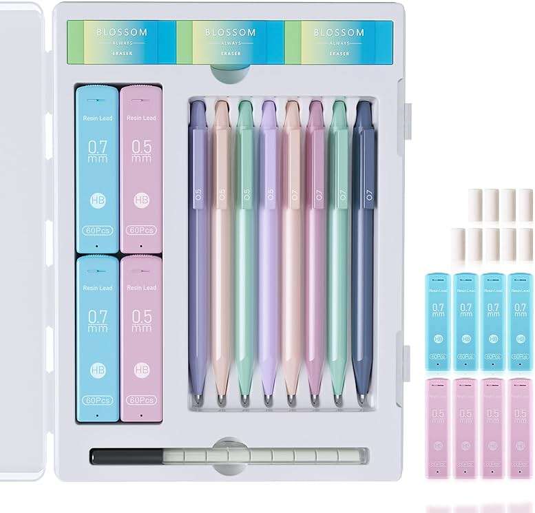 Ponditni 20PACK Mechanical Pencil, 8Pcs 0.5 0.7mm Mechanical Pencils Set With Eraser and 480 Pcs Refills, Cute Colored Preppy School Supplies Gift for Girls Writing - Come With Custom Case - Image 1