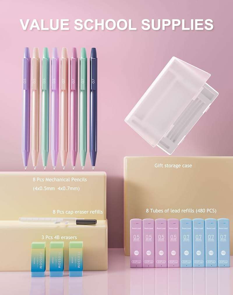 Ponditni 20PACK Mechanical Pencil, 8Pcs 0.5 0.7mm Mechanical Pencils Set With Eraser and 480 Pcs Refills, Cute Colored Preppy School Supplies Gift for Girls Writing - Come With Custom Case - Image 7