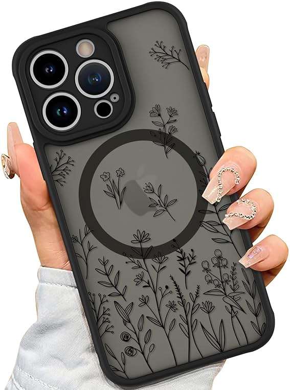 AIGOMARA Magnetic Case for iPhone 14 Pro [Compatible with MagSafe] Cute Black Flower Floral for Women Girls Soft TPU Bumper Hard PC Back Anti-Fall Shockproof Protective Slim Cover - Image 1