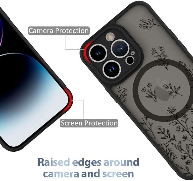 AIGOMARA Magnetic Case for iPhone 14 Pro [Compatible with MagSafe] Cute Black Flower Floral for Women Girls Soft TPU Bumper Hard PC Back Anti-Fall Shockproof Protective Slim Cover - Image 2