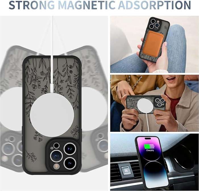 AIGOMARA Magnetic Case for iPhone 14 Pro [Compatible with MagSafe] Cute Black Flower Floral for Women Girls Soft TPU Bumper Hard PC Back Anti-Fall Shockproof Protective Slim Cover - Image 3
