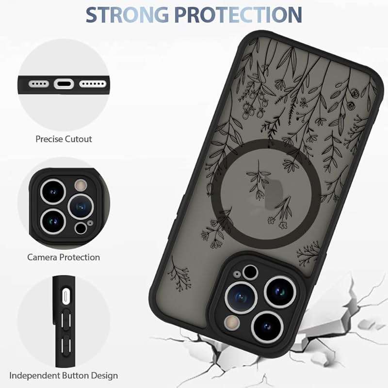 AIGOMARA Magnetic Case for iPhone 14 Pro [Compatible with MagSafe] Cute Black Flower Floral for Women Girls Soft TPU Bumper Hard PC Back Anti-Fall Shockproof Protective Slim Cover - Image 4