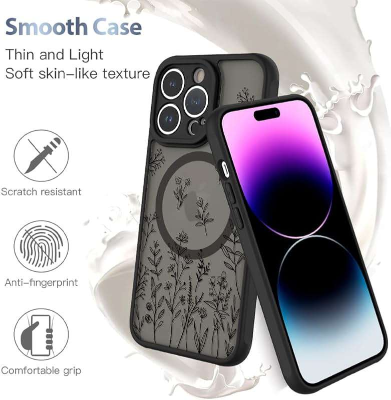 AIGOMARA Magnetic Case for iPhone 14 Pro [Compatible with MagSafe] Cute Black Flower Floral for Women Girls Soft TPU Bumper Hard PC Back Anti-Fall Shockproof Protective Slim Cover - Image 5