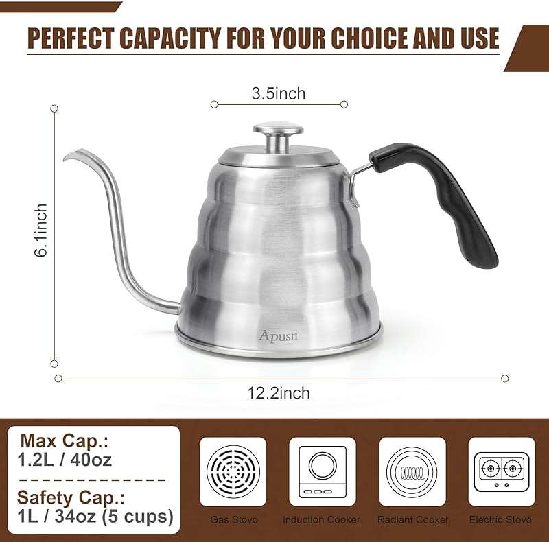 Gooseneck Kettle for Manual Drip Coffee & Tea 40oz Stainless Steel Pour Over Coffee Kettle with Thermometer Tea Kettle for Stovetop,1200ml,6 Cup,Silver,1Pack - Image 3