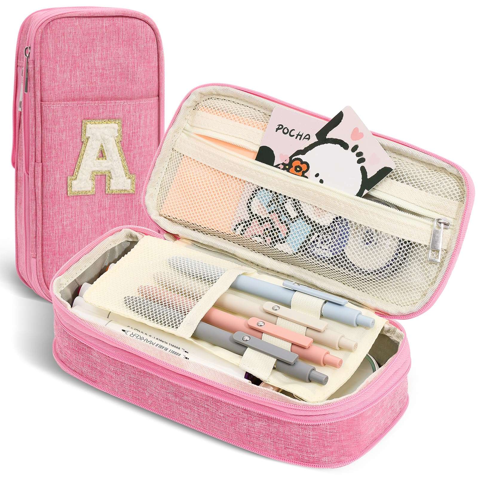 GIFTOXO Pencil Bag, Pencil Case for Girls Women, Preppy Pencil Case, Large Initial Pencil Pouch with Zipper, Back to School Supplies, Aesthetic Pen Case Box for Kids Teen Girls - A(Pink) - Image 1