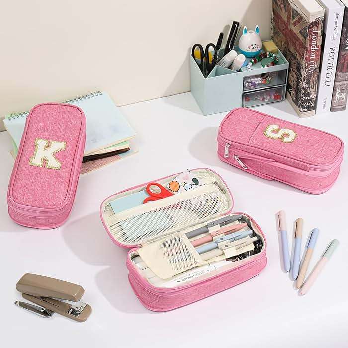 GIFTOXO Pencil Bag, Pencil Case for Girls Women, Preppy Pencil Case, Large Initial Pencil Pouch with Zipper, Back to School Supplies, Aesthetic Pen Case Box for Kids Teen Girls - A(Pink) - Image 2