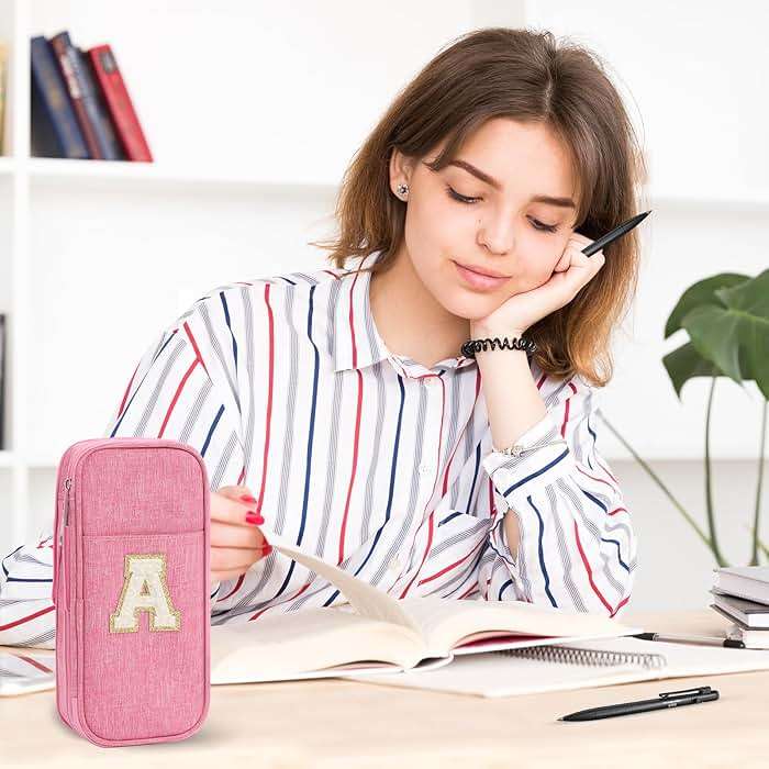 GIFTOXO Pencil Bag, Pencil Case for Girls Women, Preppy Pencil Case, Large Initial Pencil Pouch with Zipper, Back to School Supplies, Aesthetic Pen Case Box for Kids Teen Girls - A(Pink) - Image 6
