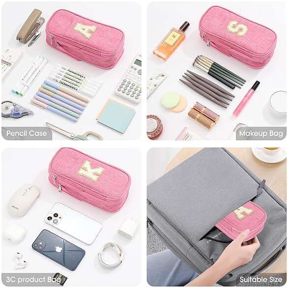 GIFTOXO Pencil Bag, Pencil Case for Girls Women, Preppy Pencil Case, Large Initial Pencil Pouch with Zipper, Back to School Supplies, Aesthetic Pen Case Box for Kids Teen Girls - A(Pink) - Image 7