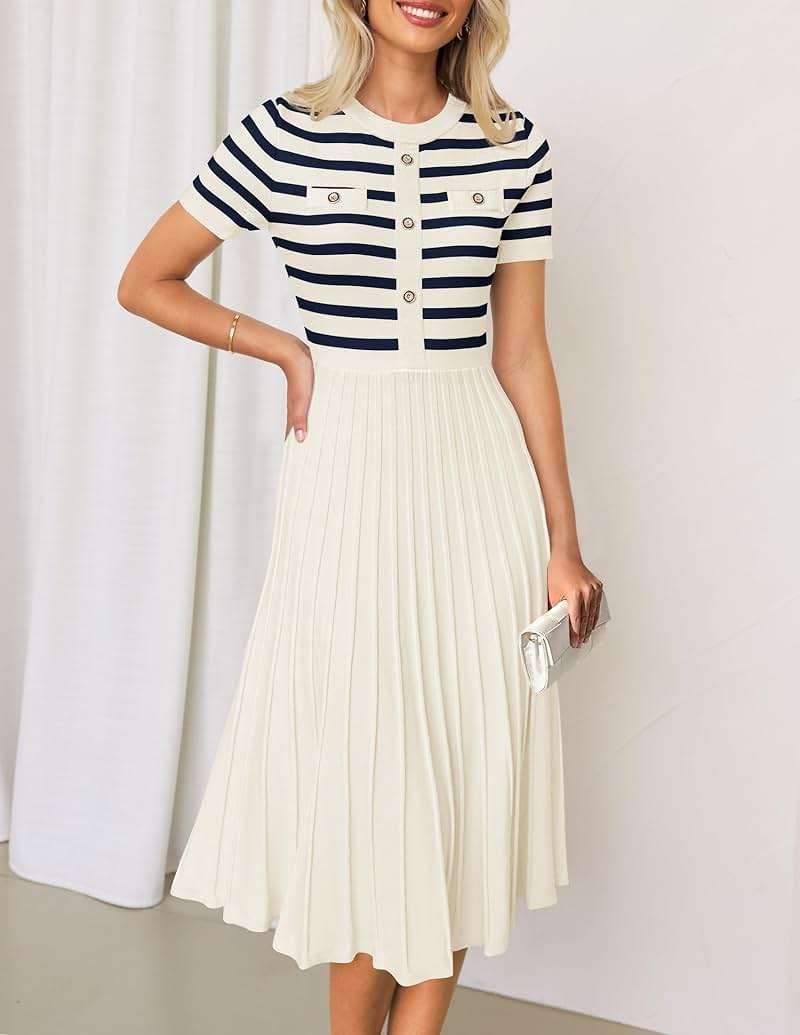 ZESICA Women's 2026 Casual Striped Midi Dress Crewneck Short Sleeve Button Ribbed Knit Swing Pleated A Line Dresses - Image 2