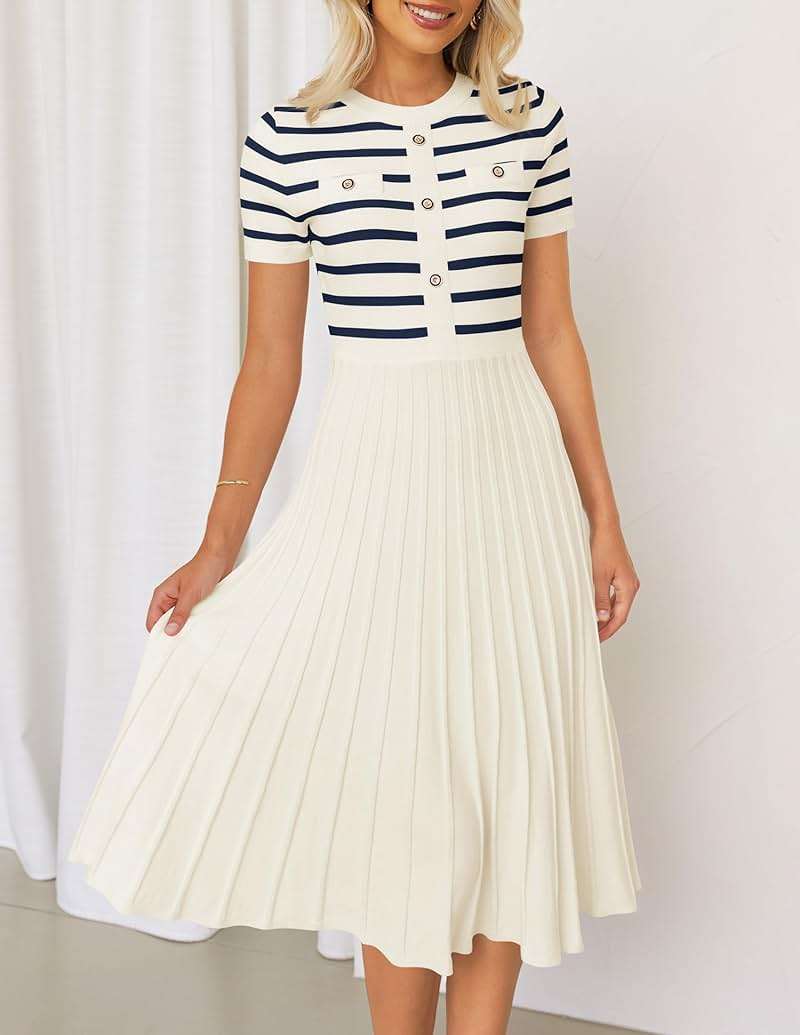 ZESICA Women's 2026 Casual Striped Midi Dress Crewneck Short Sleeve Button Ribbed Knit Swing Pleated A Line Dresses - Image 3