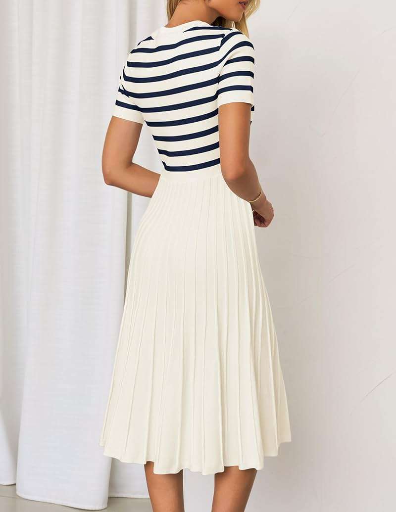 ZESICA Women's 2026 Casual Striped Midi Dress Crewneck Short Sleeve Button Ribbed Knit Swing Pleated A Line Dresses - Image 4