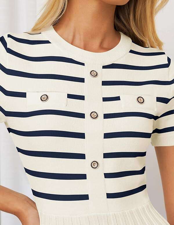 ZESICA Women's 2026 Casual Striped Midi Dress Crewneck Short Sleeve Button Ribbed Knit Swing Pleated A Line Dresses - Image 5