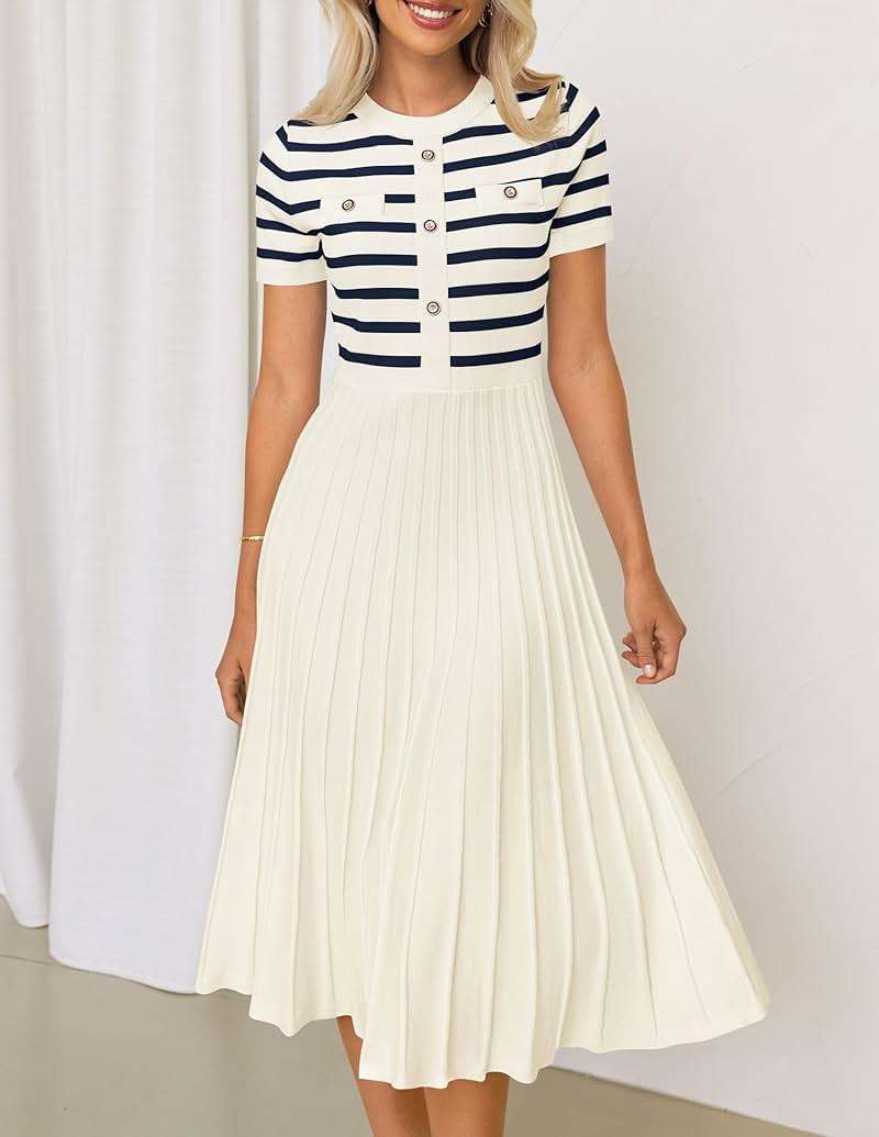 ZESICA Women's 2026 Casual Striped Midi Dress Crewneck Short Sleeve Button Ribbed Knit Swing Pleated A Line Dresses - Image 7