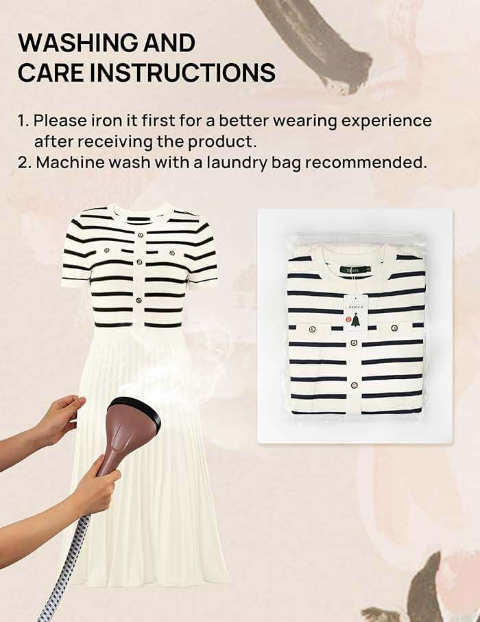 ZESICA Women's 2026 Casual Striped Midi Dress Crewneck Short Sleeve Button Ribbed Knit Swing Pleated A Line Dresses - Image 8