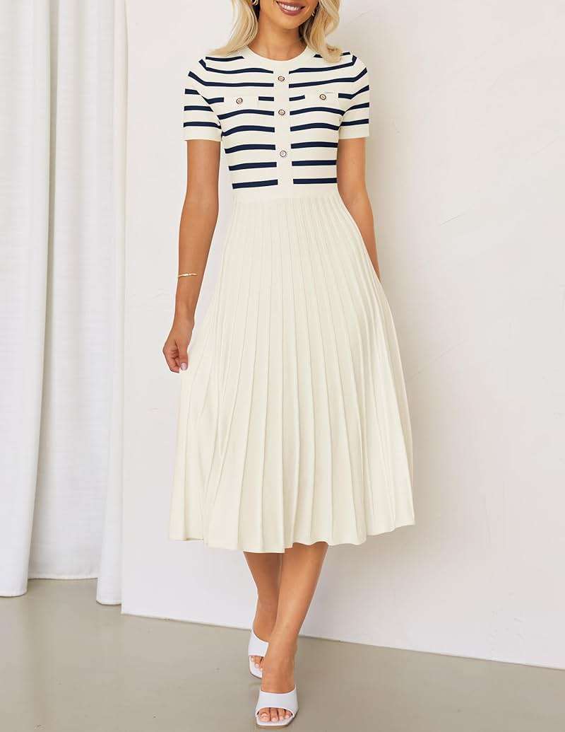 ZESICA Women's 2026 Casual Striped Midi Dress Crewneck Short Sleeve Button Ribbed Knit Swing Pleated A Line Dresses - Image 9