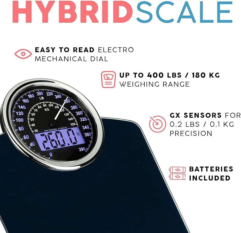 Adamson Hybrid Bathroom Scale for Body Weight - 2-in-1 Analog & Digital Display, Accurate Weight Scale Up to 400 lbs, Backlit LCD, Wide Tempered Glass Platform, 3 AAA Batteries Included - Image 2