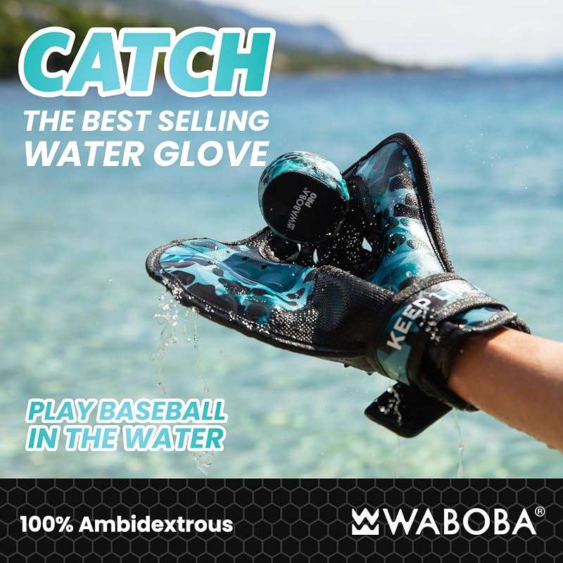Waboba Catch Water Gloves Pro Water Bouncing Ball Set - for Beach Games & Swimming Pool Toys – 2 Baseball Style Mitts for Catching Water Balls – One Size Ambidextrous Design, Black - Image 2