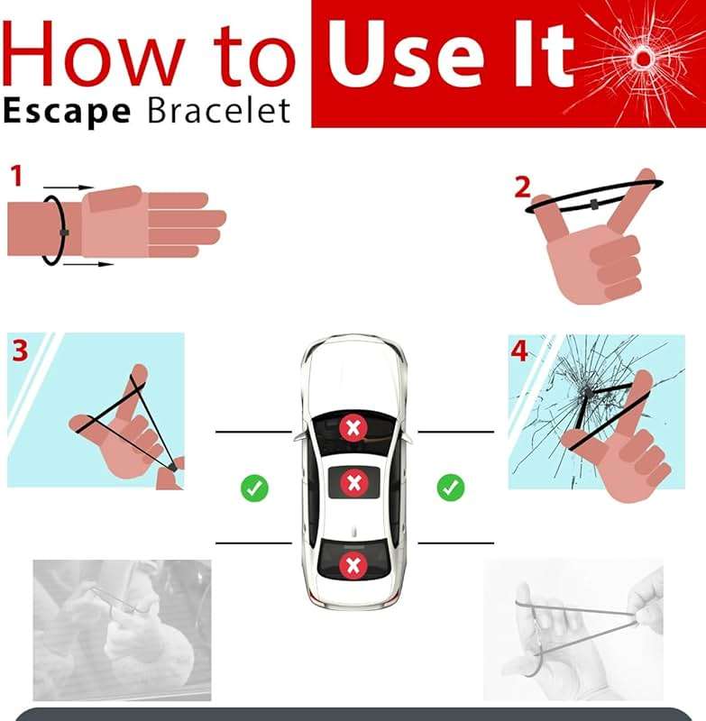2X Pcs Bracelet Car Window Breaker Tactical Wrist Strap Escape Glass EDC Self Defense Emergency Tool Tempered Safety Tungsten Carbide Bead Handcuffs Handcuff Key pens Accessories. - Image 2