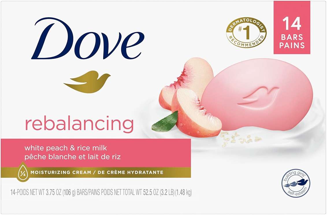 Dove Beauty Bar Soap Rebalancing White Peach & Rice Milk, 14 Count for a Nourished and Moisturized Skin, with ¼ Moisturizing Cream Plant-Based Formula, 3.75 oz - Image 1