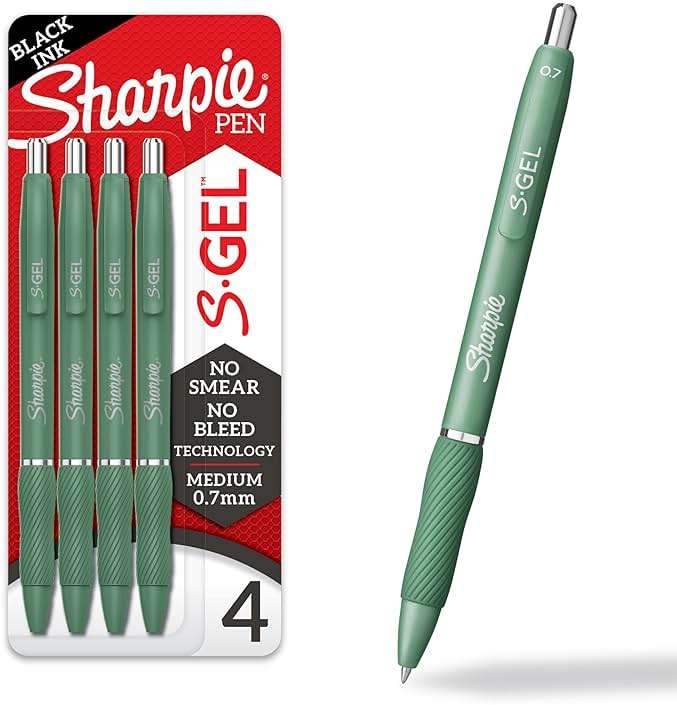 Sharpie S-Gel Gel Pens, Green Barrel, Black Ink, Medium Point (0.7mm), 4 Count - For Home, Office, College, Journaling, Drawing, Note-Taking, Writing - Image 1