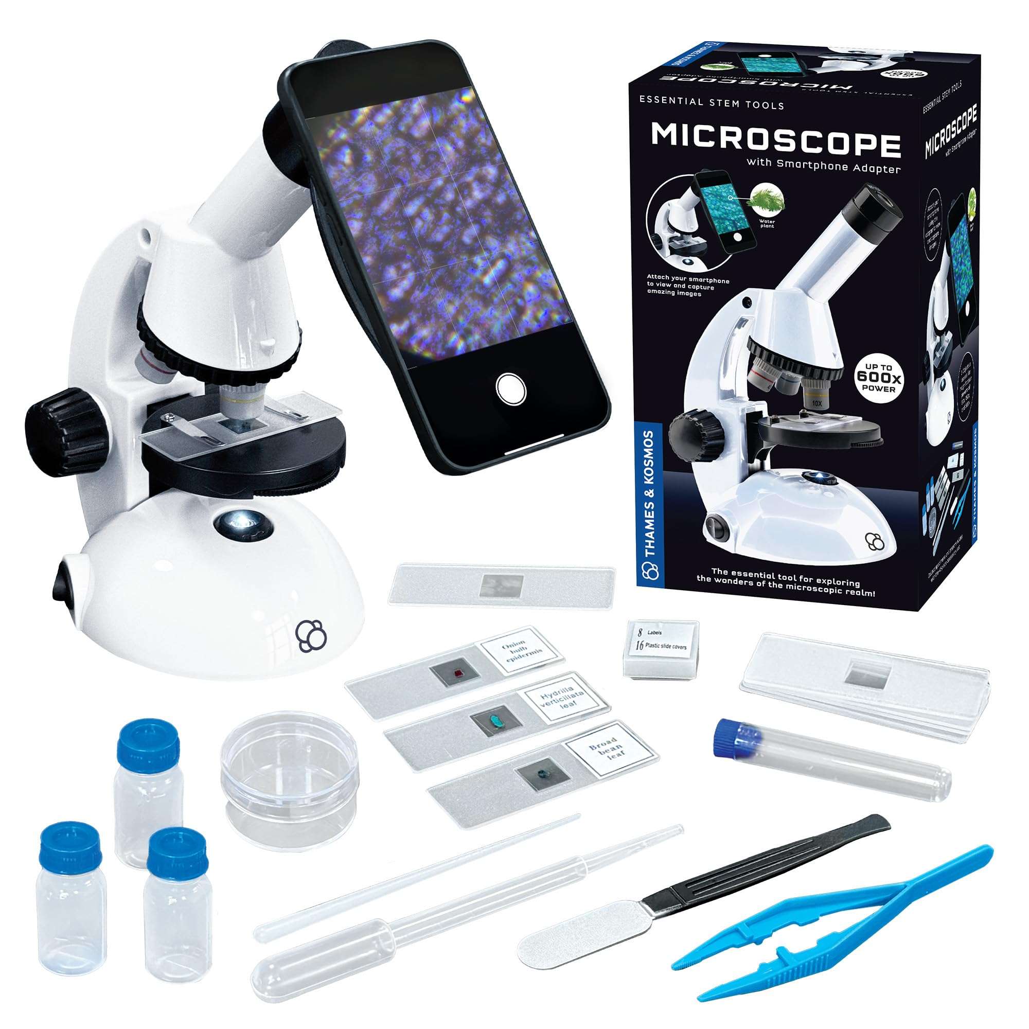 The Thames & Kosmos Microscope Essential STEM Tool with Smartphone Adapter to Capture & View Microscopic Images, Entry-Level Student Science Device, 60x to 600x Magnification & 45 Accessories - Image 1