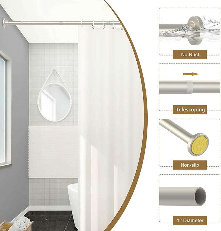 GXOACKJ Brushed Nickel Shower Curtain Rods - 31-80 Inch Spring Tension Shower Rods for Bathroom, Adjustable, No Drilling, No Rust, Stainless Steel - Image 3