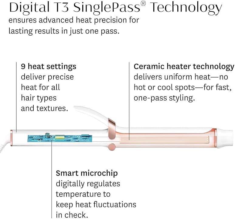 T3 SinglePass Curl X Extra-Long Barrel 1", 1.25", 1.5" Curling Iron with 9 Heat Settings and Ceramic Barrel for Fast Styling and Lasting Results on All Hair Types - Image 10