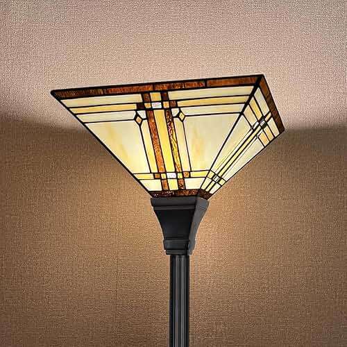 Capulina Tiffany Lamp Stained Glass Torchiere Floor Lamp 69 Inches Tall Industrial Pole Cream Color Mission Tiffany Style Standing Floor Lamp for Home Office Living Room Bedroom - Image 1