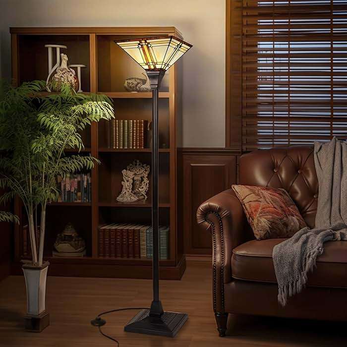 Capulina Tiffany Lamp Stained Glass Torchiere Floor Lamp 69 Inches Tall Industrial Pole Cream Color Mission Tiffany Style Standing Floor Lamp for Home Office Living Room Bedroom - Image 2