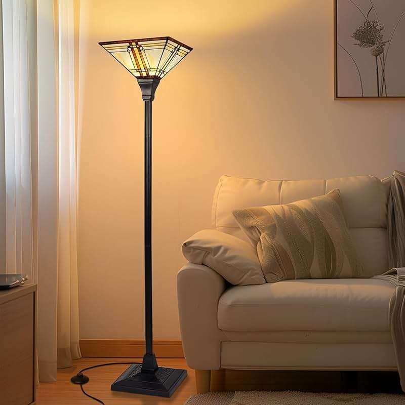 Capulina Tiffany Lamp Stained Glass Torchiere Floor Lamp 69 Inches Tall Industrial Pole Cream Color Mission Tiffany Style Standing Floor Lamp for Home Office Living Room Bedroom - Image 3