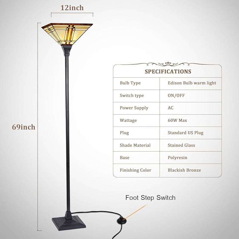 Capulina Tiffany Lamp Stained Glass Torchiere Floor Lamp 69 Inches Tall Industrial Pole Cream Color Mission Tiffany Style Standing Floor Lamp for Home Office Living Room Bedroom - Image 6