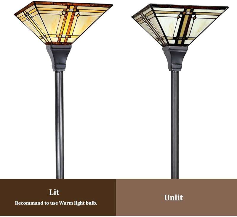 Capulina Tiffany Lamp Stained Glass Torchiere Floor Lamp 69 Inches Tall Industrial Pole Cream Color Mission Tiffany Style Standing Floor Lamp for Home Office Living Room Bedroom - Image 7