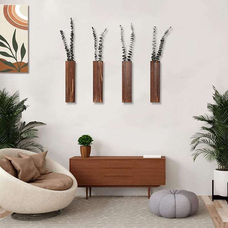 Sawoake Wooden Wall Planter Set of 4 - Modern Home Decor for Living Room, Bedroom, Bathroom - Walnut Finish Planter for Dried Flowers, Faux Greenery, Indoor Plants - Image 2