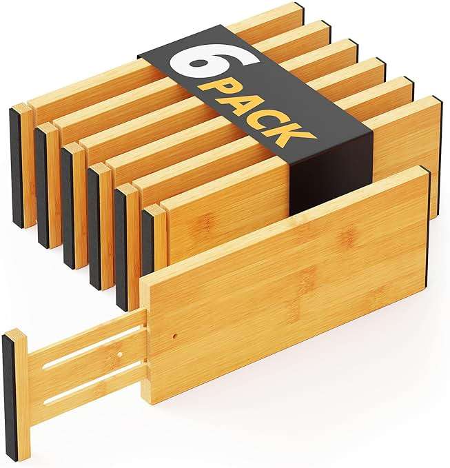 SpaceAid Bamboo Dresser Drawer Dividers 6 Pack, 4.65“ High Adjustable 12.5“-17” Drawer Organizers, Expandable Organization for Clothing, Clothes, Dressers, Natural - Image 1
