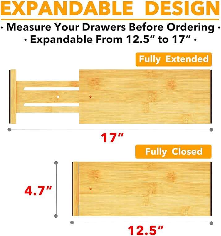 SpaceAid Bamboo Dresser Drawer Dividers 6 Pack, 4.65“ High Adjustable 12.5“-17” Drawer Organizers, Expandable Organization for Clothing, Clothes, Dressers, Natural - Image 2