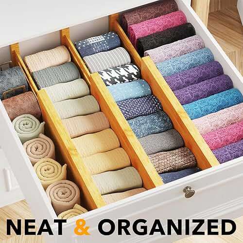 SpaceAid Bamboo Dresser Drawer Dividers 6 Pack, 4.65“ High Adjustable 12.5“-17” Drawer Organizers, Expandable Organization for Clothing, Clothes, Dressers, Natural - Image 3