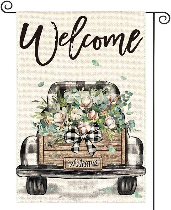AVOIN colorlife Welcome Spring Truck Garden Flag 12x18 Inch Double Sided, Cotton Rustic Buffalo Plaid Yard Outdoor Flag - Image 1