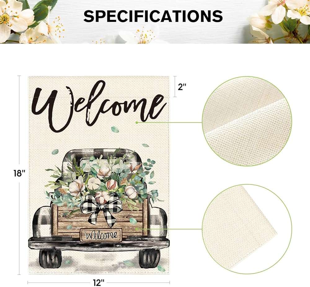 AVOIN colorlife Welcome Spring Truck Garden Flag 12x18 Inch Double Sided, Cotton Rustic Buffalo Plaid Yard Outdoor Flag - Image 3