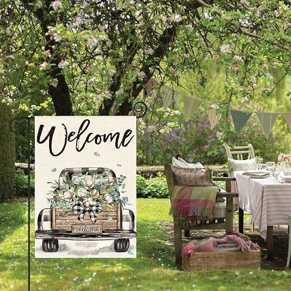 AVOIN colorlife Welcome Spring Truck Garden Flag 12x18 Inch Double Sided, Cotton Rustic Buffalo Plaid Yard Outdoor Flag - Image 5