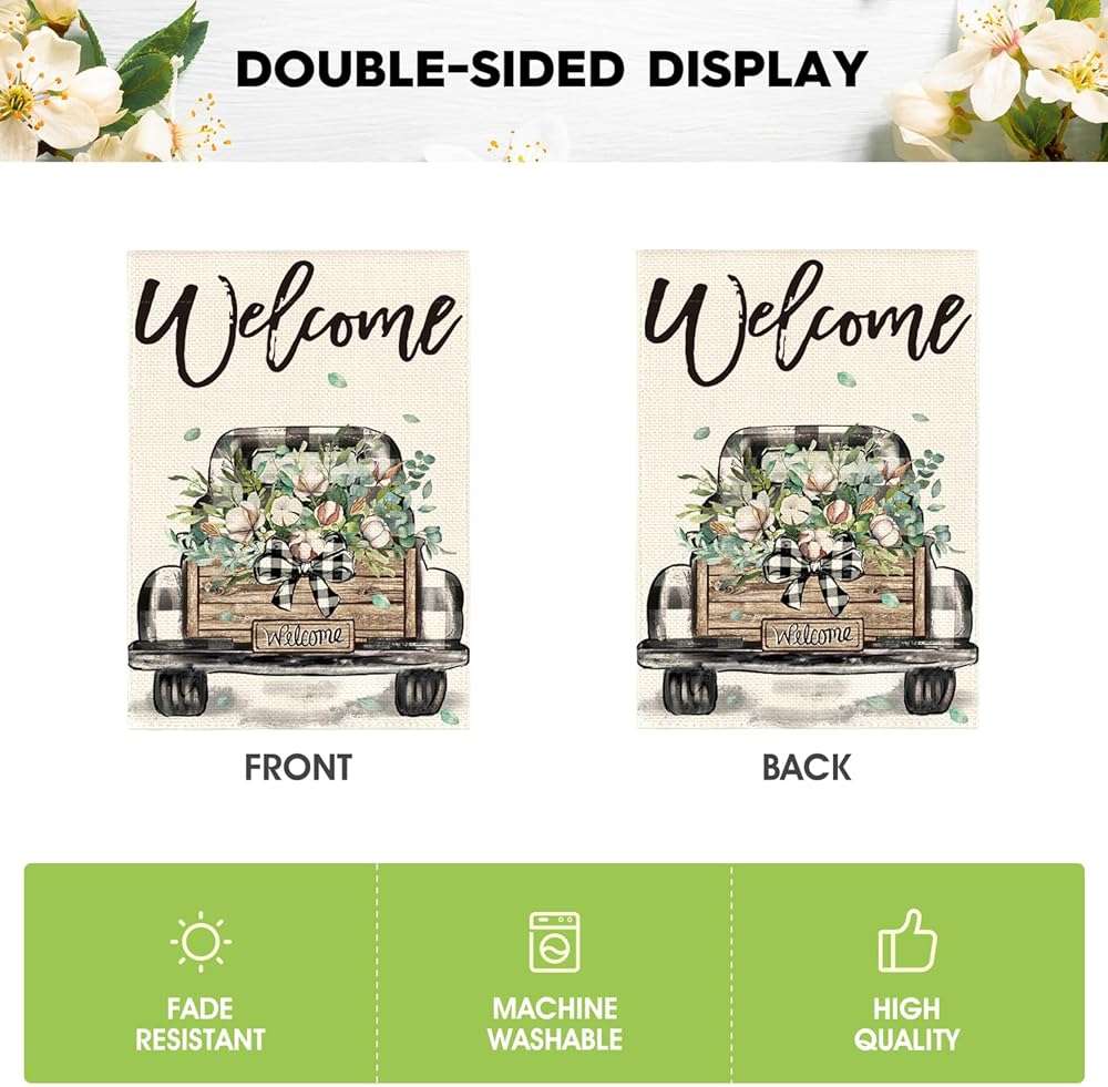 AVOIN colorlife Welcome Spring Truck Garden Flag 12x18 Inch Double Sided, Cotton Rustic Buffalo Plaid Yard Outdoor Flag - Image 6