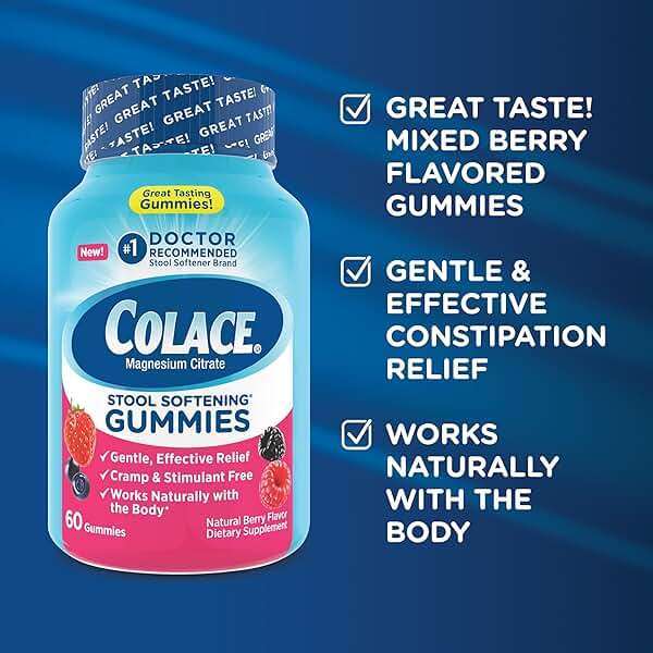 Colace Stool Softener Gummies, Berry Flavored, 60 Count, Gentle, Dependable Constipation Relief, Magnesium Citrate, No.1 Doctor Recommended Stool Softener Brand - Image 3